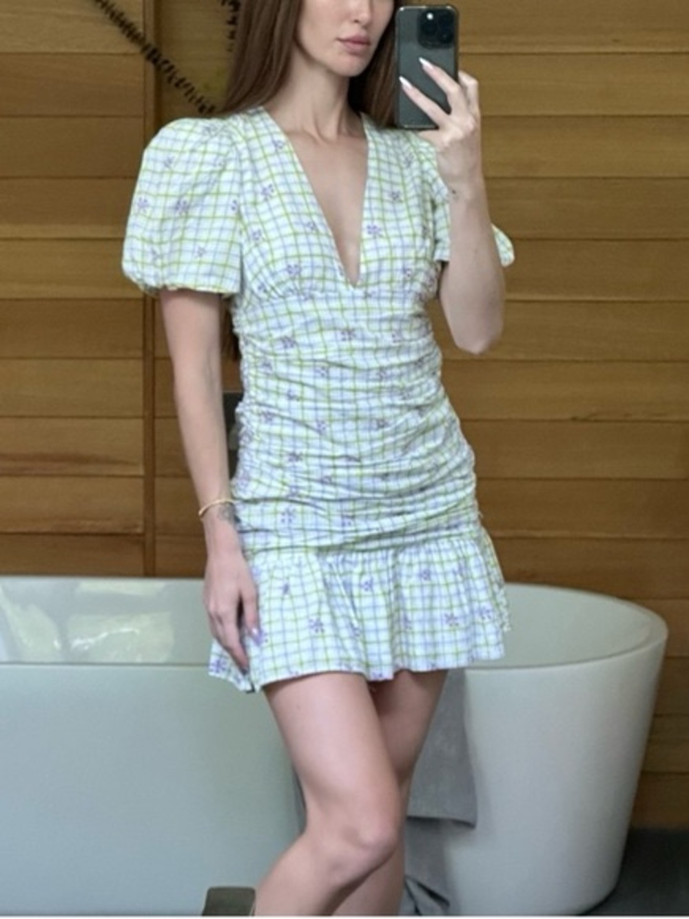 Zara Yellow and White Plaid Puff-Sleeve Mini Dress